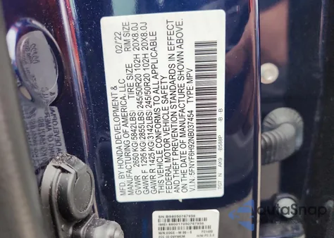 2022 Honda Pilot Touring из США, поврежденный, VIN 5FNYF6H92NB037454